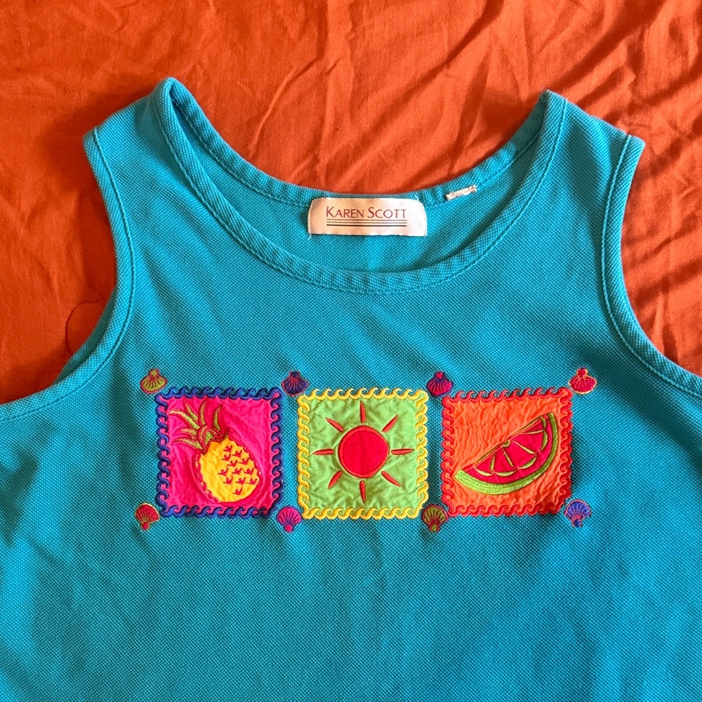 Karen Scott Bright Turquoise Tank with Colorful Fruit Embroidery - Picture 6 of 7